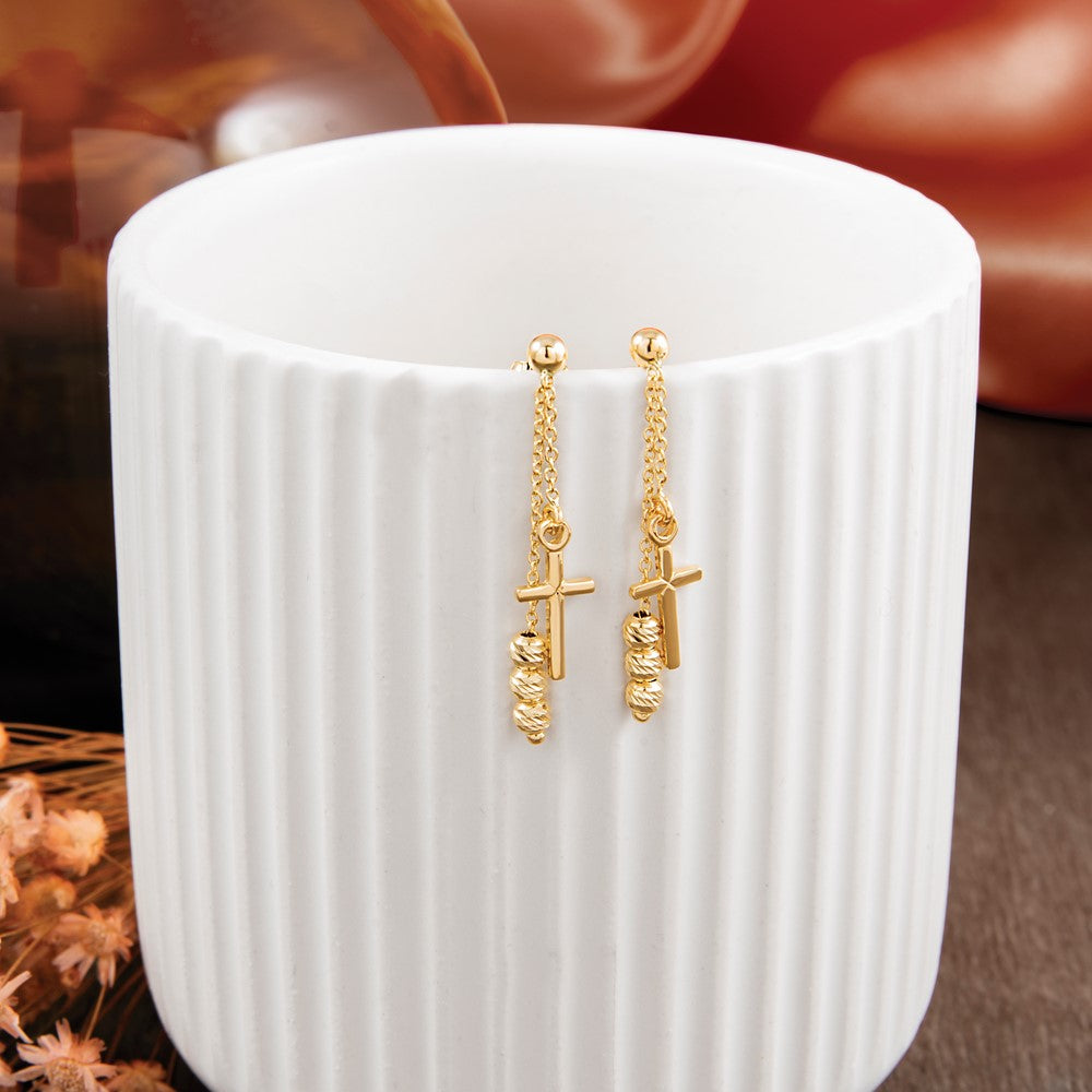 14K Gelbgold Poliert Diamantiert Kreuz Gekugelt Stecker Ohrhänger