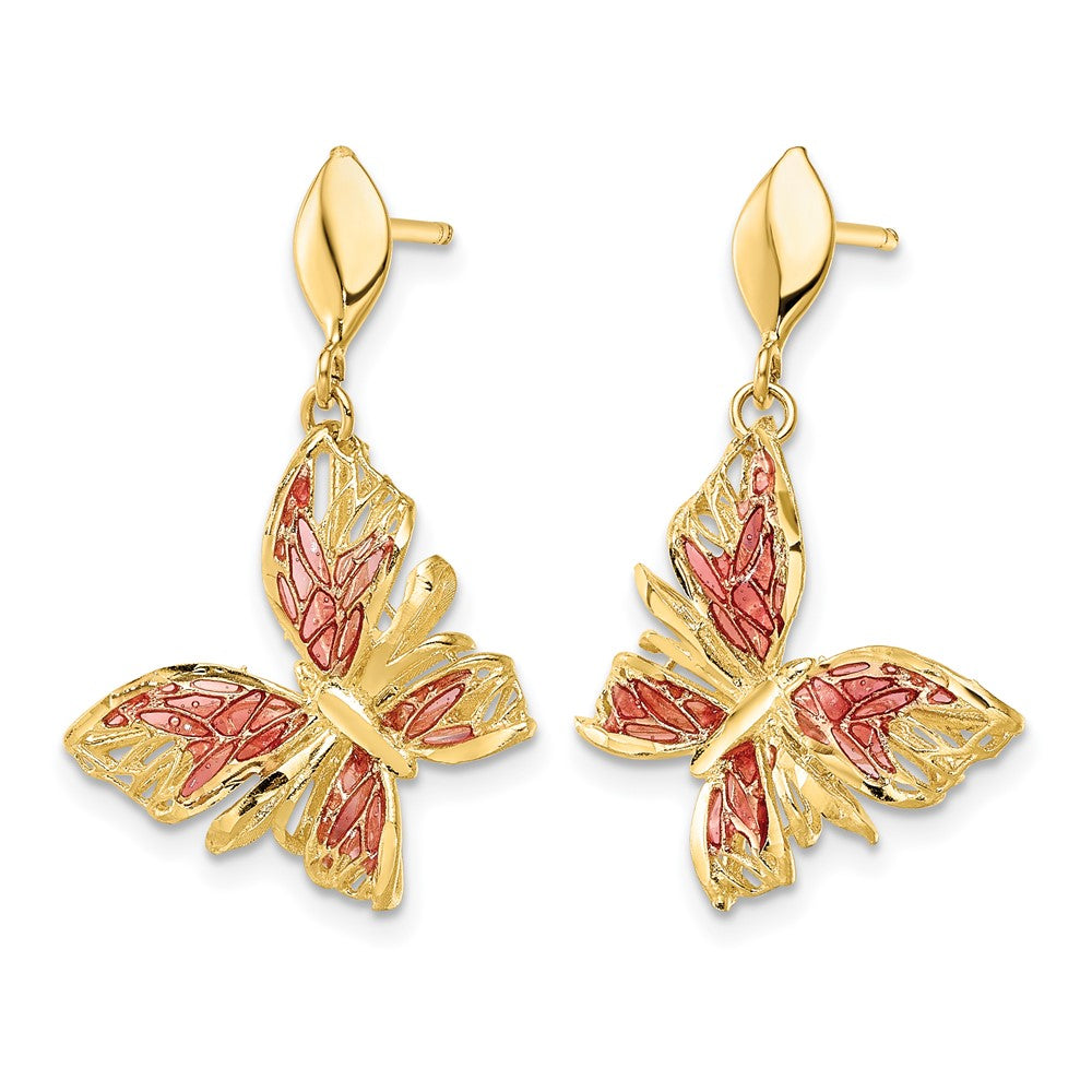 14K Gelbgold Poliert Diamantiert Rosa Emaille Schmetterling Stecker Ohrhänger