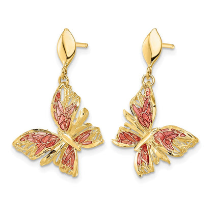 14K Gelbgold Poliert Diamantiert Rosa Emaille Schmetterling Stecker Ohrhänger