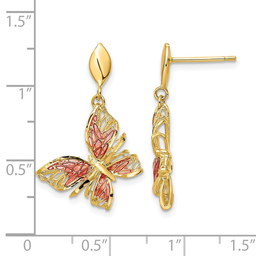 14K Gelbgold Poliert Diamantiert Rosa Emaille Schmetterling Stecker Ohrhänger