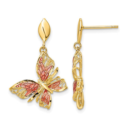 14K Gelbgold Poliert Diamantiert Rosa Emaille Schmetterling Stecker Ohrhänger
