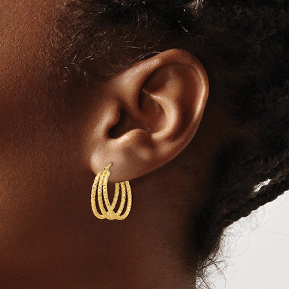 14K Gelbgold Poliert und Strukturiert Drei Reihe Creole Ohrstecker