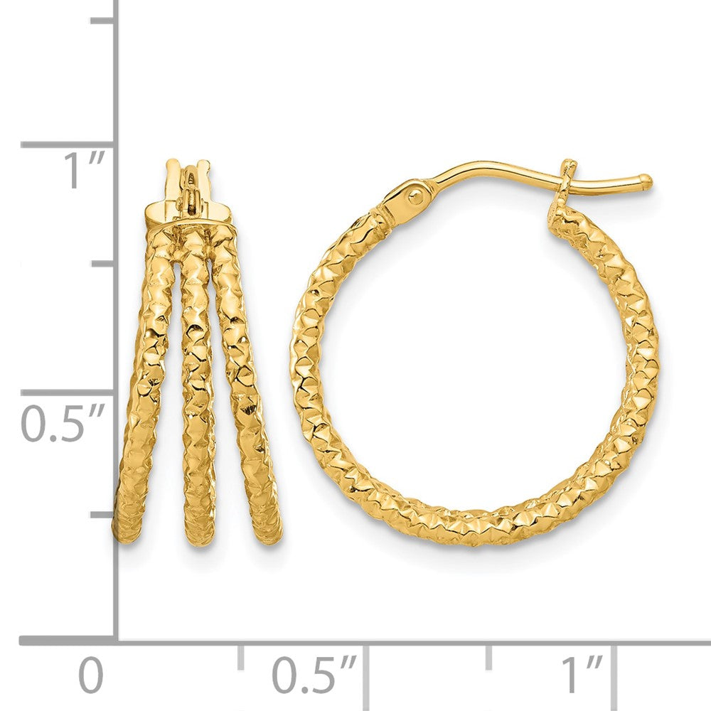 14K Gelbgold Poliert und Strukturiert Drei Reihe Creole Ohrstecker