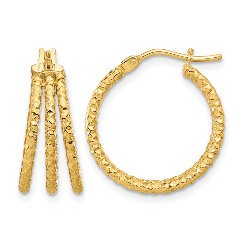 14K Gelbgold Poliert und Strukturiert Drei Reihe Creole Ohrstecker