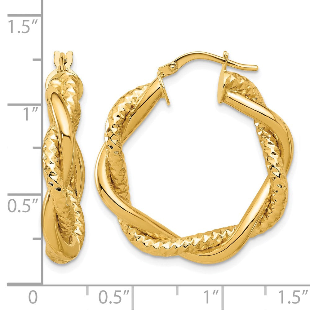 14K Gelbgold Poliert und Strukturiert Gedreht Rund Creolen