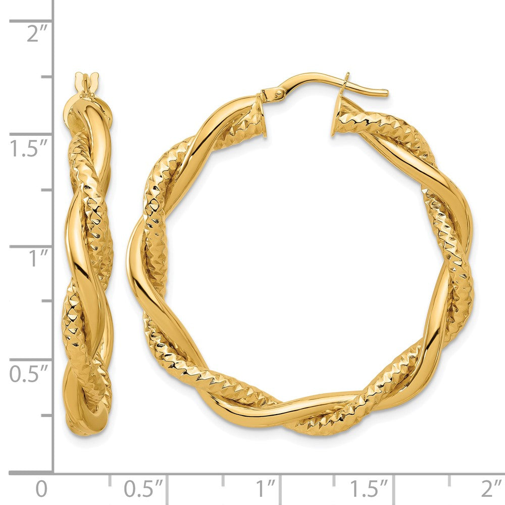14K Gelbgold Poliert und Strukturiert Gedreht Rund Creolen
