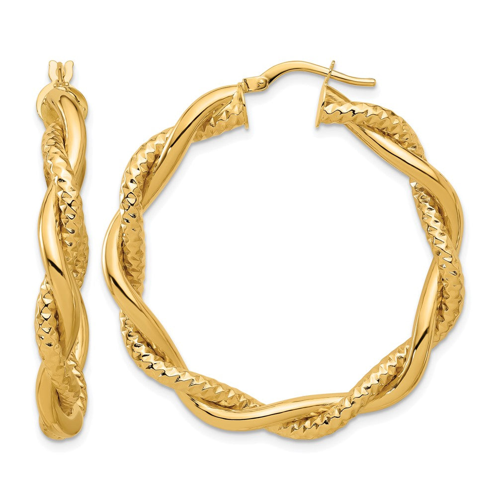 14K Gelbgold Poliert und Strukturiert Gedreht Rund Creolen