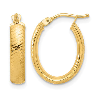 14K Gelbgold Poliert und Strukturiert Oval Creolen