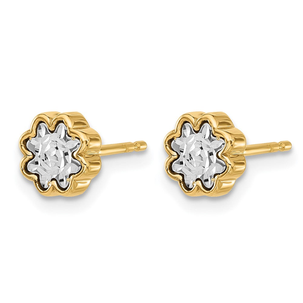 14K Bicolor Poliert und Diamantiert Blume Ohrstecker