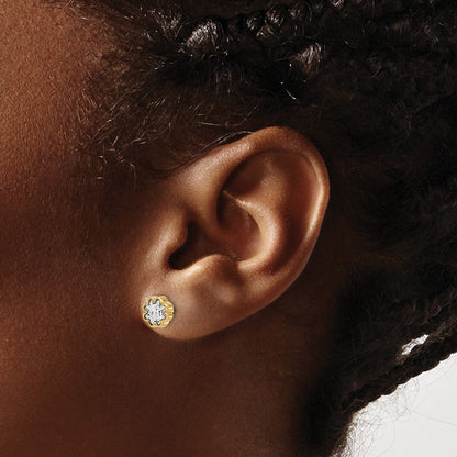 14K Bicolor Poliert und Diamantiert Blume Ohrstecker