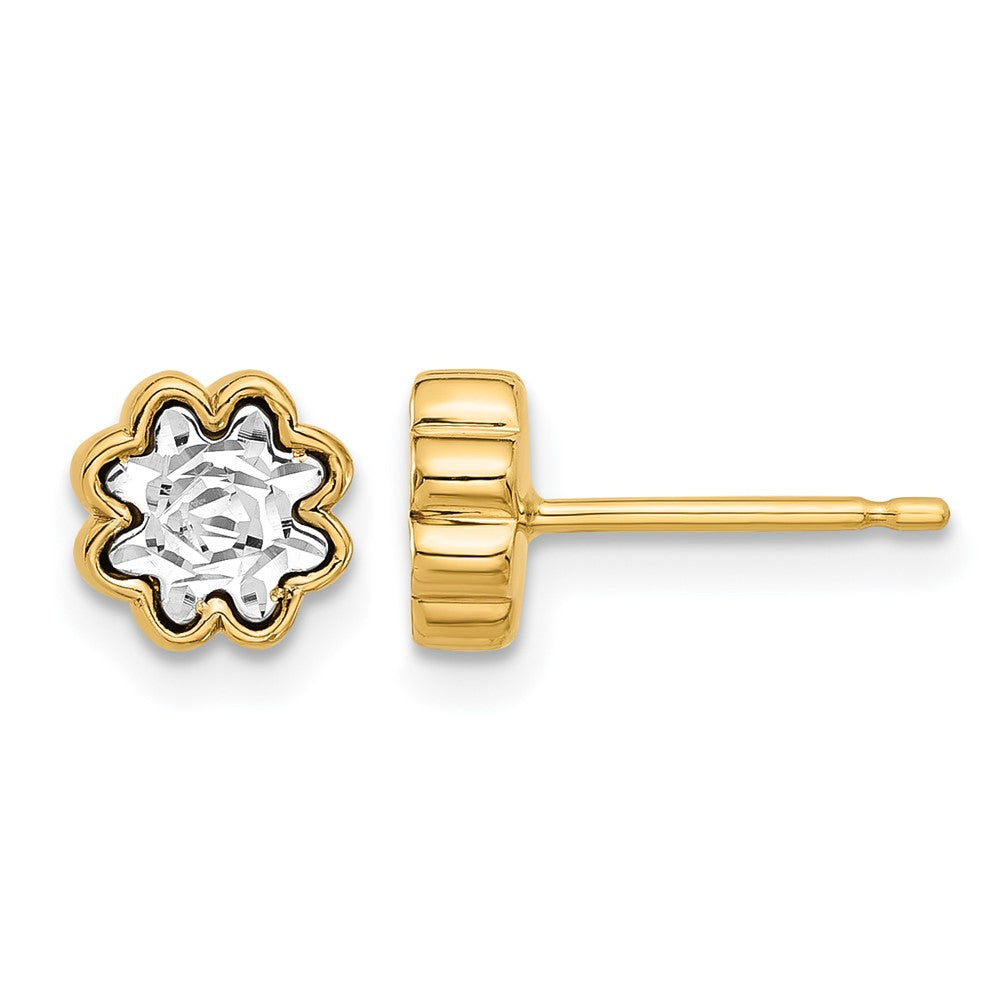 14K Bicolor Poliert und Diamantiert Blume Ohrstecker