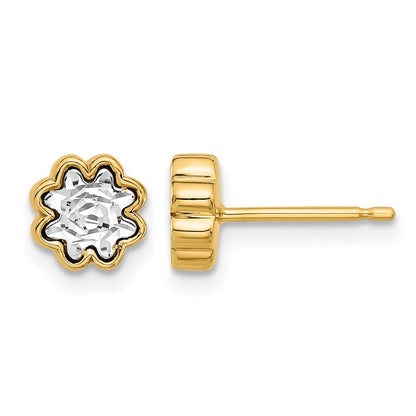 14K Bicolor Poliert und Diamantiert Blume Ohrstecker