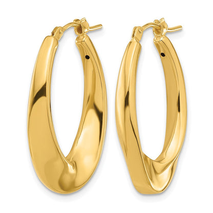 14K Gelbgold Poliert Hohl Oval Gedreht Creolen