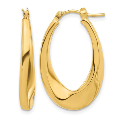 14K Gelbgold Poliert Hohl Oval Gedreht Creolen