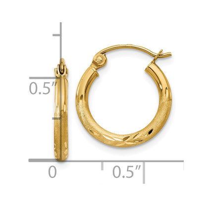 14K Gelbgold Satiniert und Diamantiert 2mm Rund Röhre Creolen