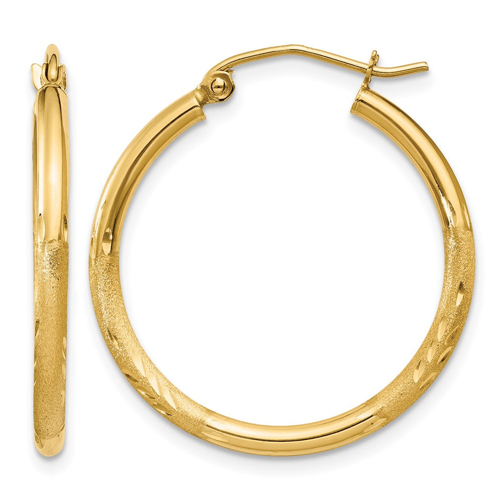 14K Gelbgold Satiniert und Diamantiert 2mm Rund Röhre Creolen