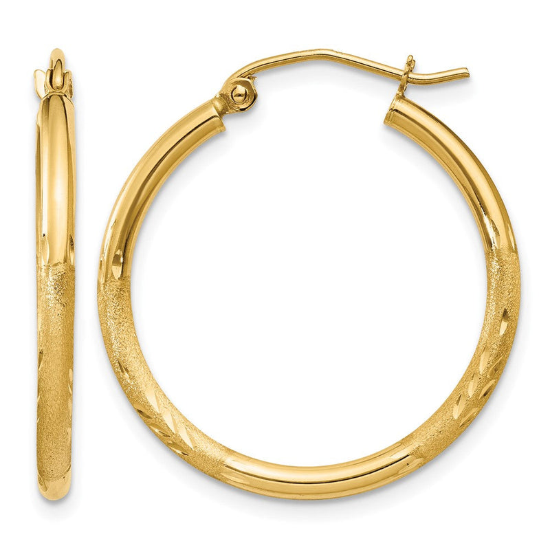 14K Gelbgold Satiniert und Diamantiert 2mm Rund Röhre Creolen