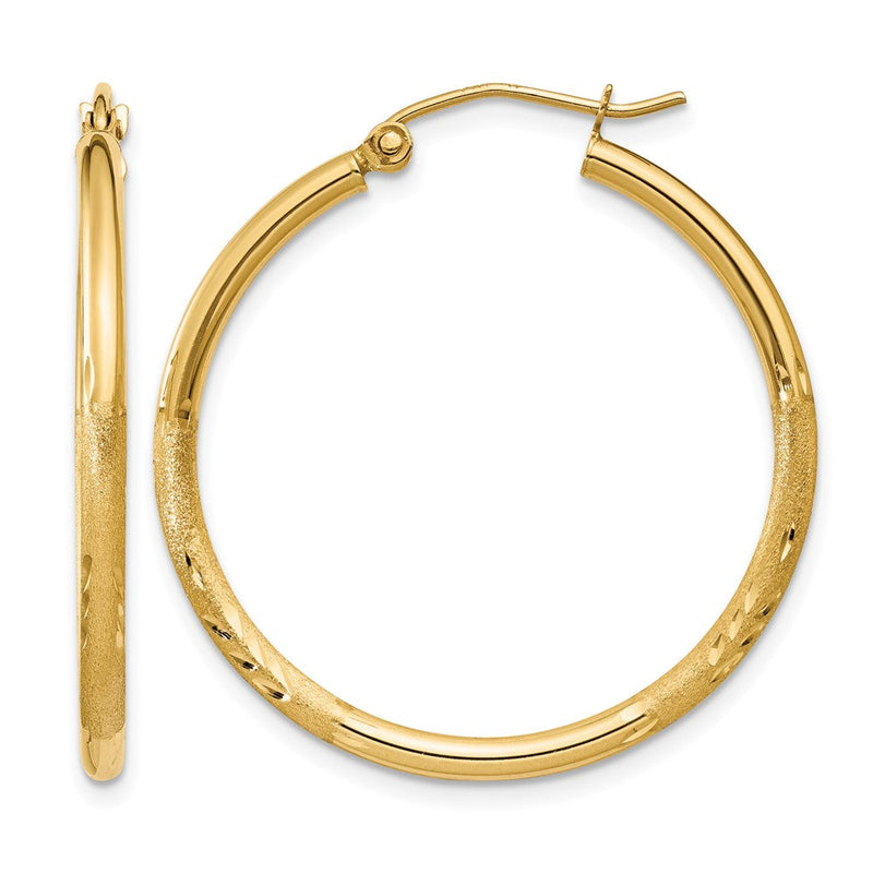 14K Gelbgold Satiniert und Diamantiert 2mm Rund Röhre Creolen