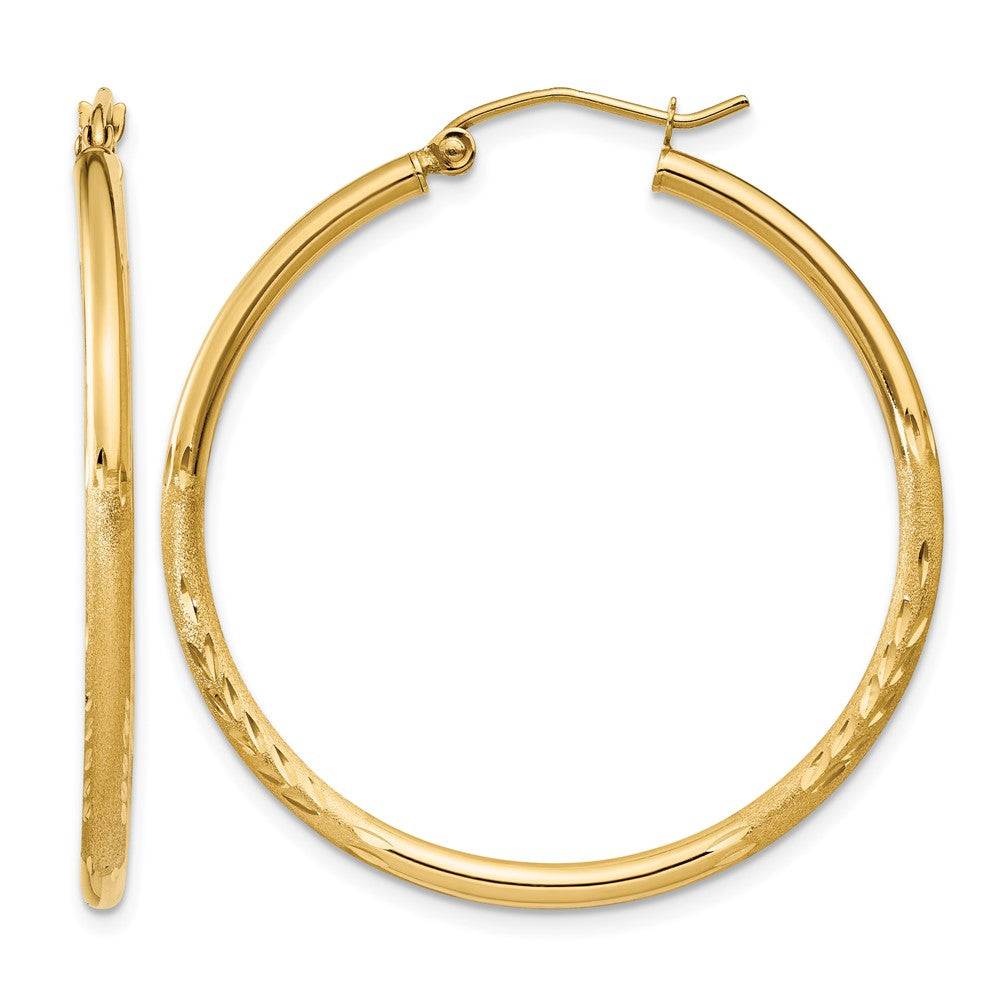 14K Gelbgold Satiniert und Diamantiert 2mm Rund Röhre Creolen