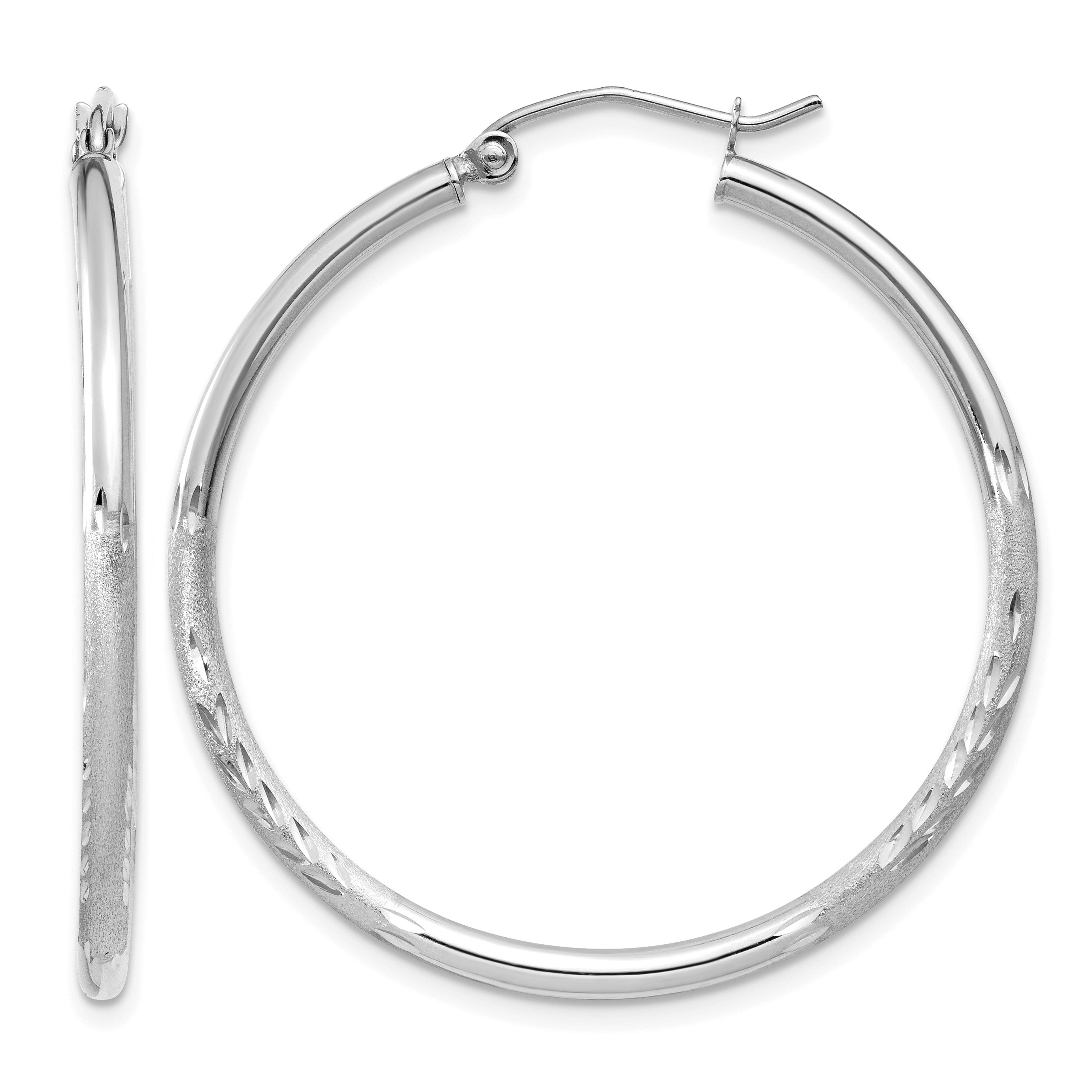 14K Weißgold Satiniert und Diamantiert 2mm Rund Creolen