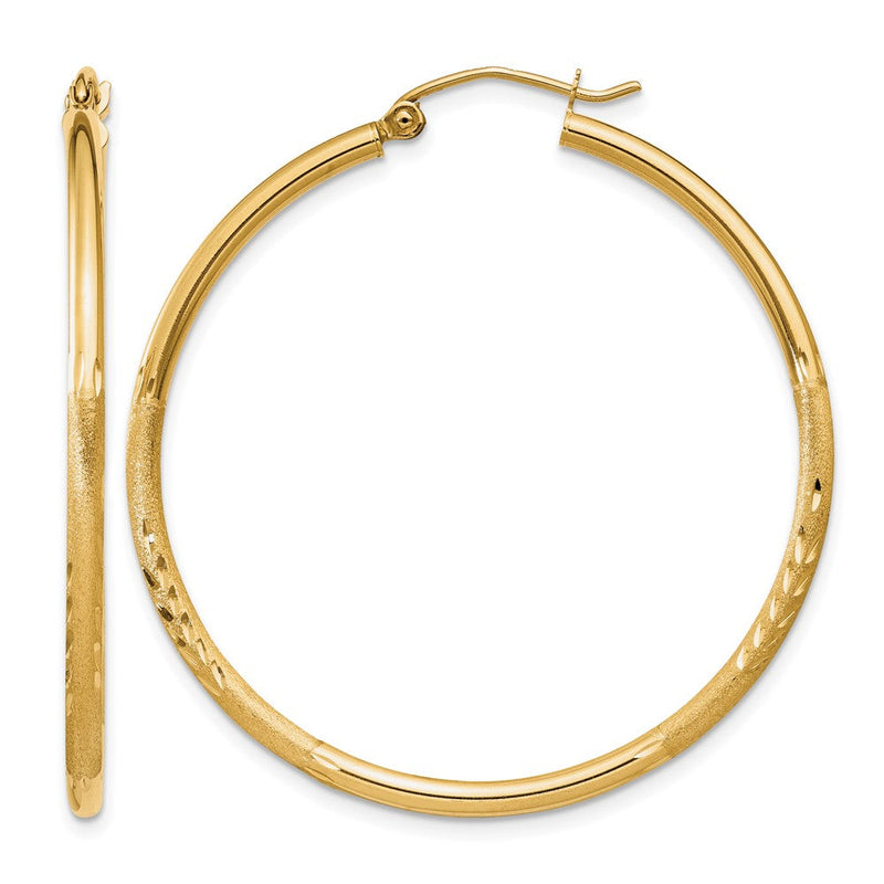 14K Gelbgold Satiniert und Diamantiert 2mm Rund Röhre Creolen