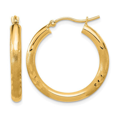 14K Gelbgold Satiniert und Diamantiert 3mm Rund Creolen