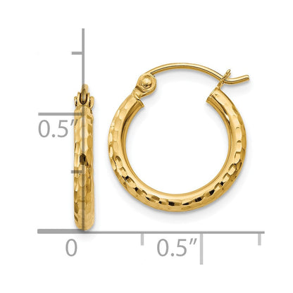 14K Gelbgold Diamantiert 2mm Rund Röhre Creolen
