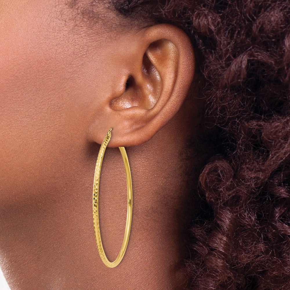 14K Gelbgold Diamantiert 2mm Rund Röhre Creolen