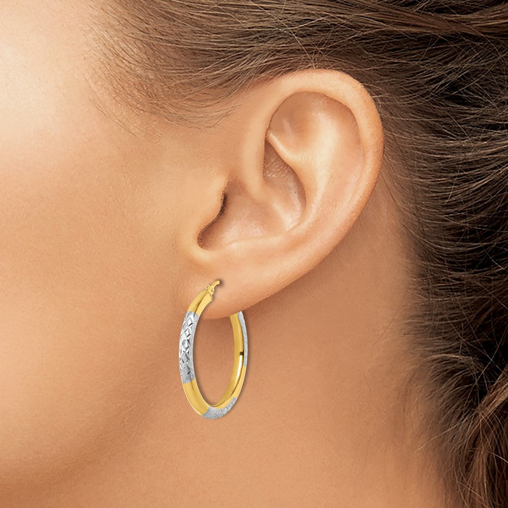 14K Gelb & Rhodium mit Diamantiert 3mm Creolen