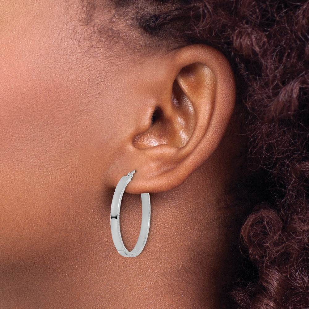 14K Weißgold Diamantiert Kante Groß 3mm Poliert Creolen