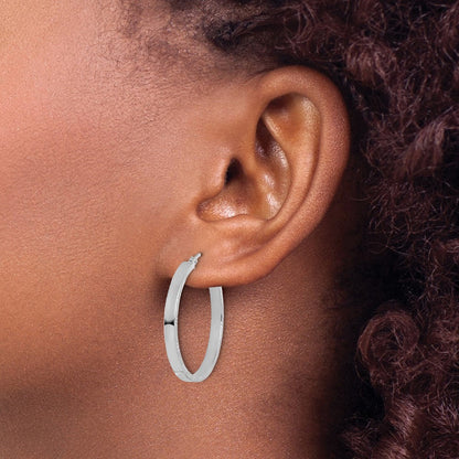 14K Weißgold Diamantiert Kante Groß 3mm Poliert Creolen