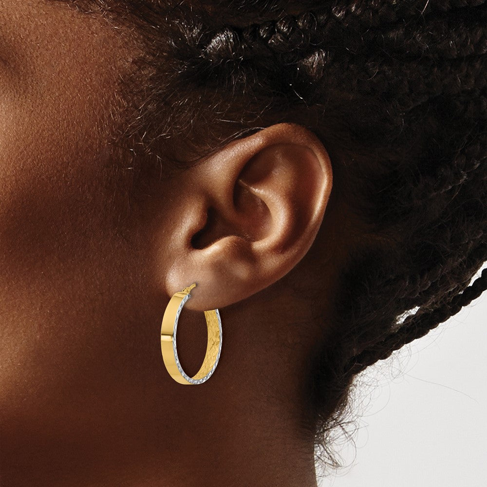 14K Gelb & Rhodium Poliert und Diamantiert Creole In/out Ohrringe