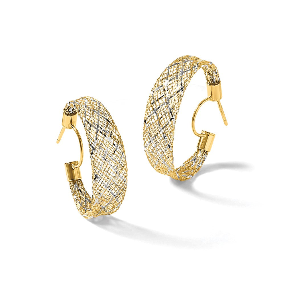 14K Gelb & Rhodium Geflochten Netz Dehnbar Stecker Creolen