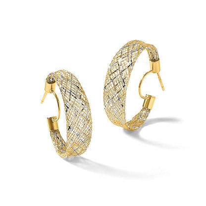 14K Gelb & Rhodium Geflochten Netz Dehnbar Stecker Creolen