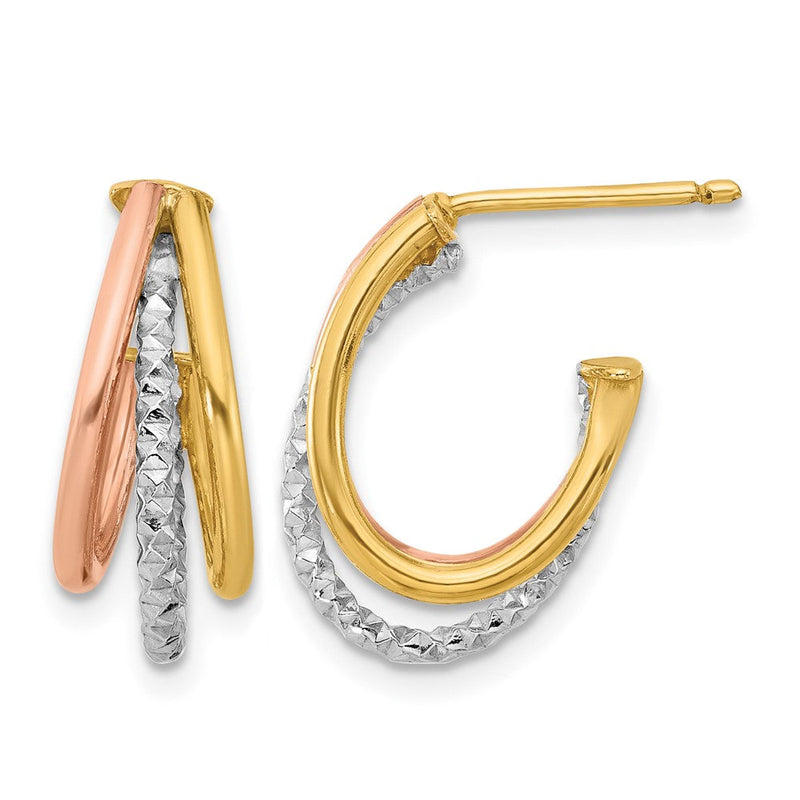 14K Gelb & Rhodium mit Weiß und Roségold Beschichtung Strukturiert 3 Reihe Stecker J Creolen