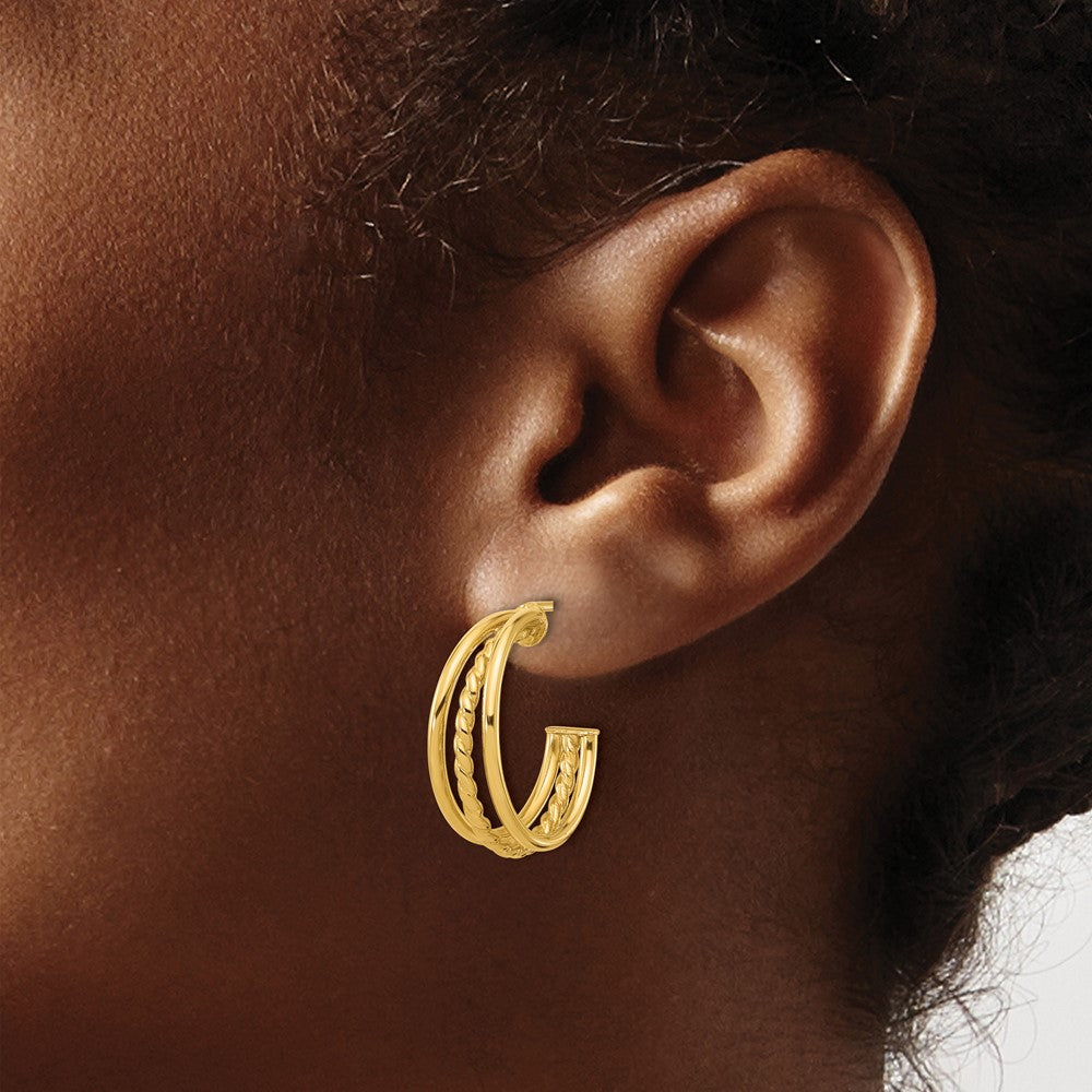 14K Gelbgold Poliert und Strukturiert 3 Reihe Rund J Creole Ohrstecker
