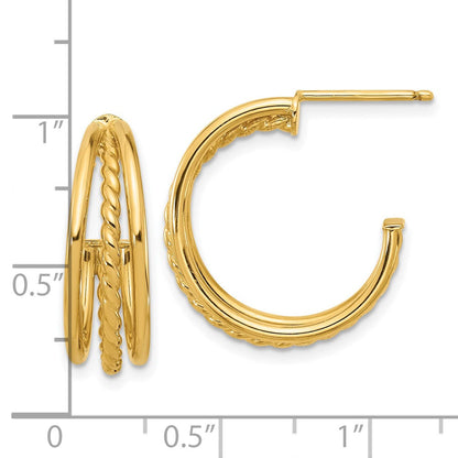14K Gelbgold Poliert und Strukturiert 3 Reihe Rund J Creole Ohrstecker