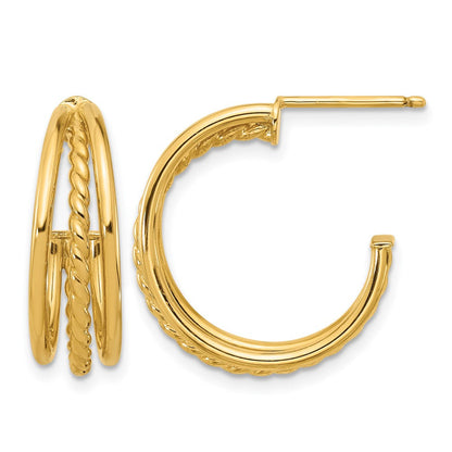 14K Gelbgold Poliert und Strukturiert 3 Reihe Rund J Creole Ohrstecker
