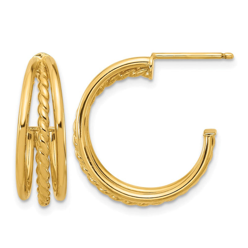 14K Gelbgold Poliert und Strukturiert 3 Reihe Rund J Creole Ohrstecker
