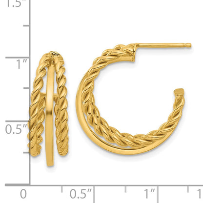 14K Gelbgold Poliert und Strukturiert 3 Reihe Rund J Creole Ohrstecker