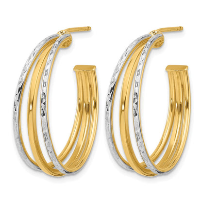 14K Gelb & Rhodium Weiß und Diamantiert 3 Reihe Rund J Creole Ohrstecker