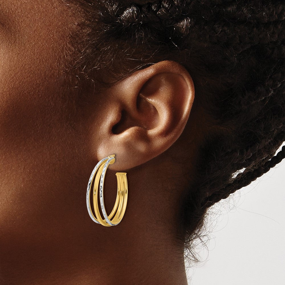 14K Gelb & Rhodium Weiß und Diamantiert 3 Reihe Rund J Creole Ohrstecker