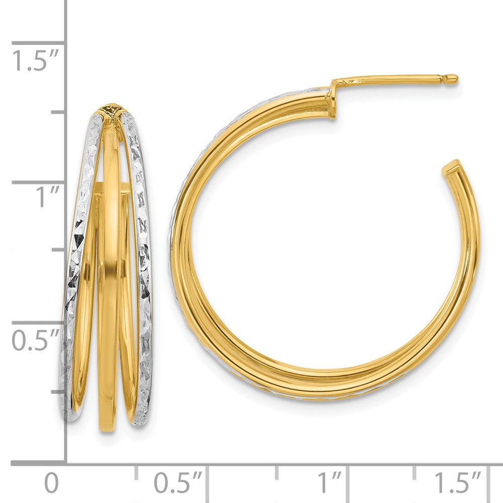 14K Gelb & Rhodium Weiß und Diamantiert 3 Reihe Rund J Creole Ohrstecker