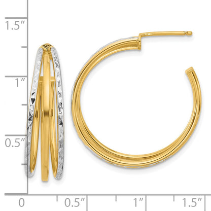 14K Gelb & Rhodium Weiß und Diamantiert 3 Reihe Rund J Creole Ohrstecker