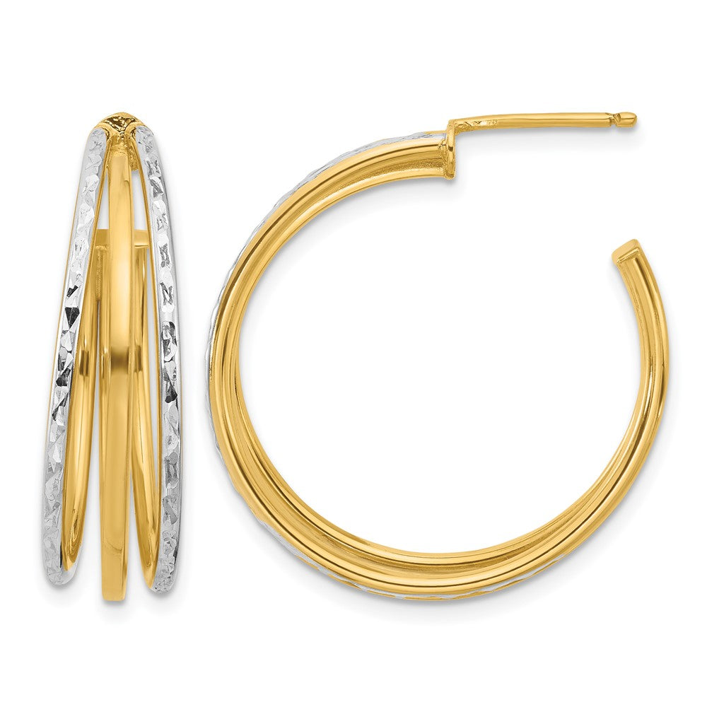 14K Gelb & Rhodium Weiß und Diamantiert 3 Reihe Rund J Creole Ohrstecker