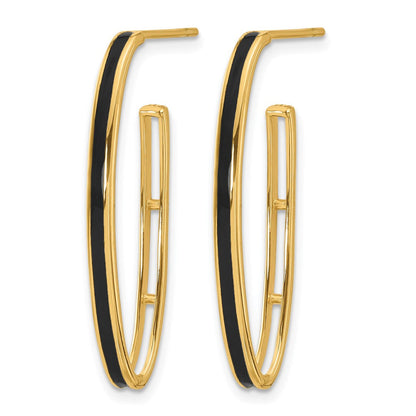 14K Gelbgold Poliert mit Schwarz Emaille Oval J Creole Ohrstecker