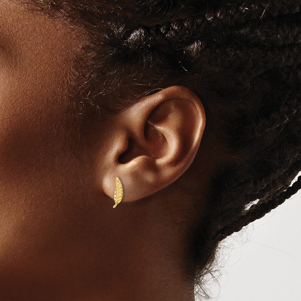 14K Gelbgold Poliert und Diamantiert Blatt Ohrstecker