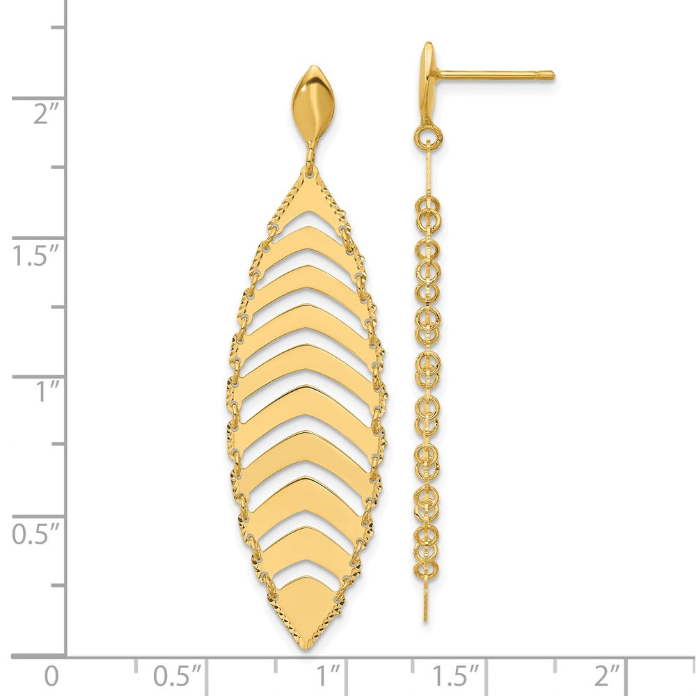14K Gelbgold Poliert Diamantiert Stecker Hängend Blatt Ohrringe
