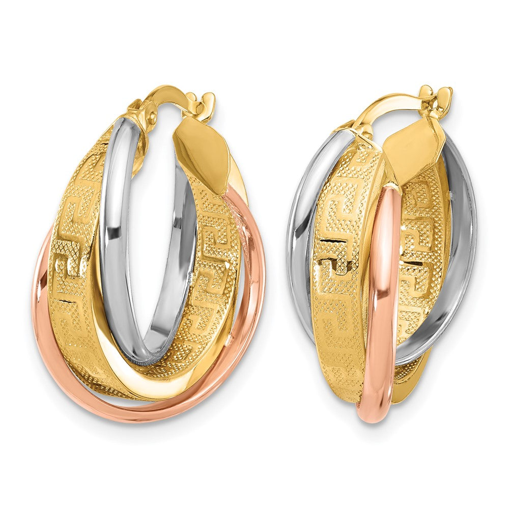 14K Tricolor Poliert mit Strukturiert Greek Key Creolen
