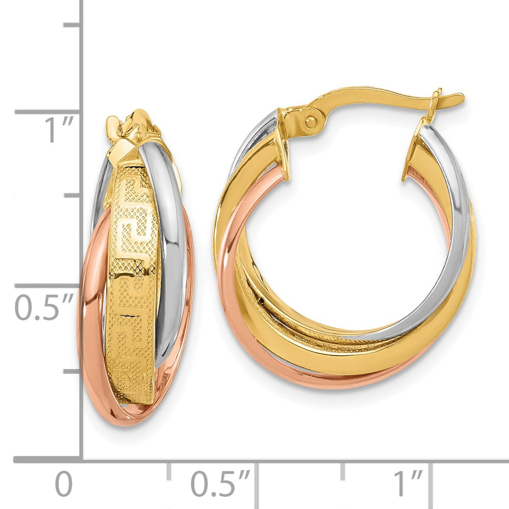 14K Tricolor Poliert mit Strukturiert Greek Key Creolen